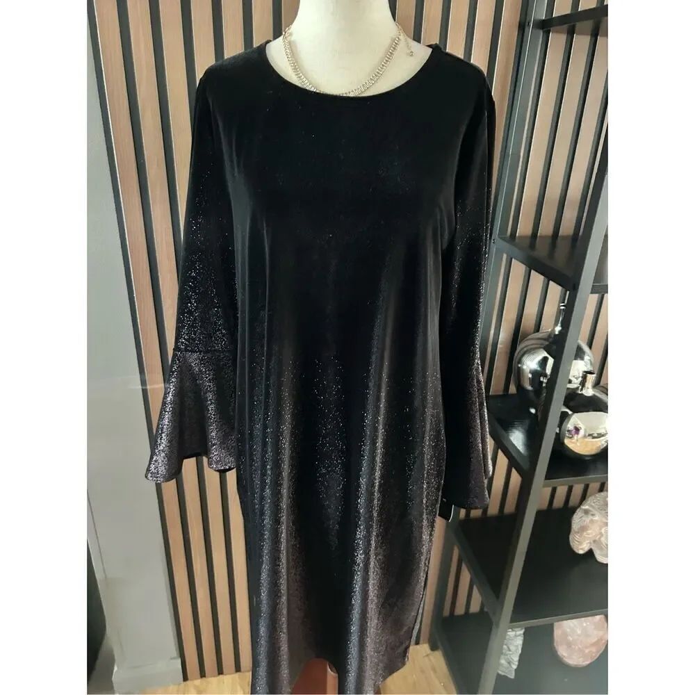 Alfani Women Long Bell Sleeve Glitter Plum Ombré Purple Shift Velvet Dress 12P